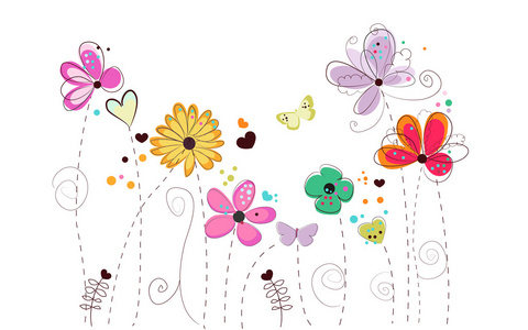 春天的时候，五颜六色的涂鸦花。 抽象花卉矢量背面