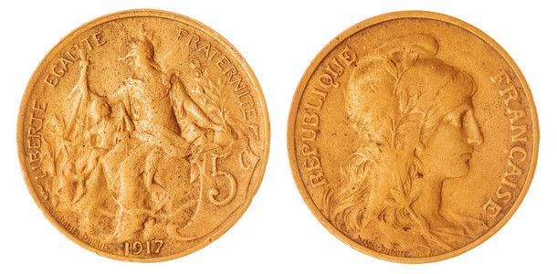 5 生丁 1917 硬币孤立在白色的背景下，法国