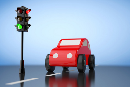 交通灯的红色卡通玩具车。3d 渲染