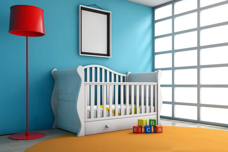 儿童房，床，灯和空白的相框