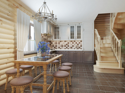 厨房和餐厅区域在原木内部楼梯。