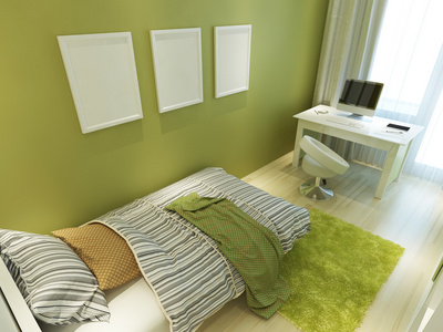 当代青少年房间绿色，有一张床和一张桌子。