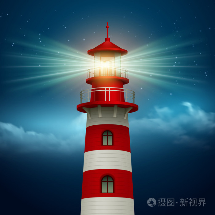 插画 在夜晚的天空背景的现实灯塔.矢量图.eps