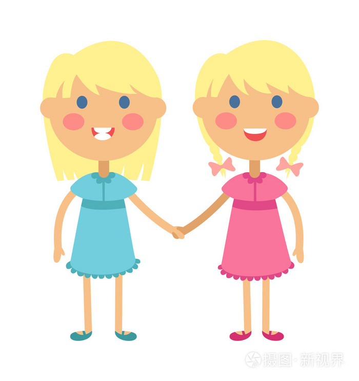 插画 双胞胎快乐的孩子牵手男孩和女孩矢量插图.eps