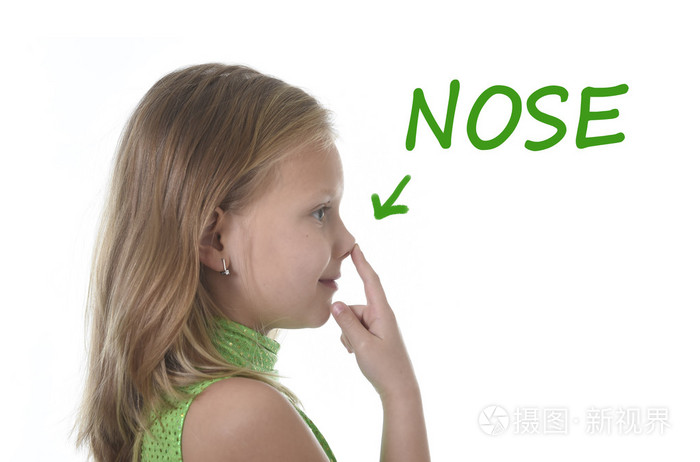 可爱的小女孩用鼻子指着身体部位学习英语