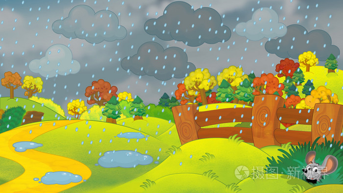 卡通场景的一个公园在下雨天
