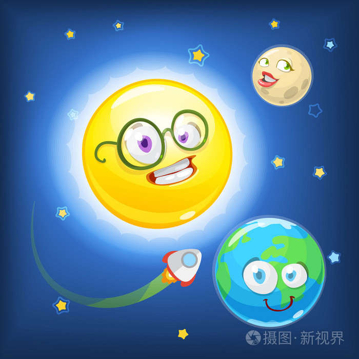 吉祥物卡通人物黄色太阳, 地球和月亮