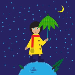在雨衣在伞下的孩子