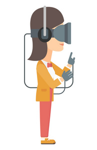 女人带着虚拟现实耳机