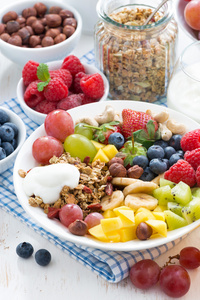 健康早餐浆果 新鲜水果和谷类食物在盘子上