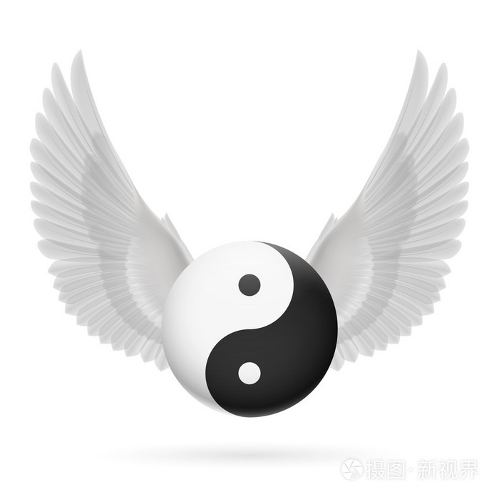 传统中医阴阳符号与白色的翅膀