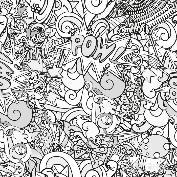 卡通单色涂鸦派对物品的无缝图案插画-正版商用图片1n7ucs-摄图新视界