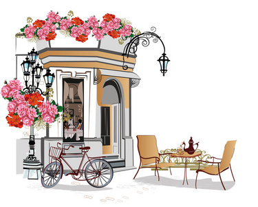 系列的背景装饰着鲜花 旧镇意见和街头咖啡馆