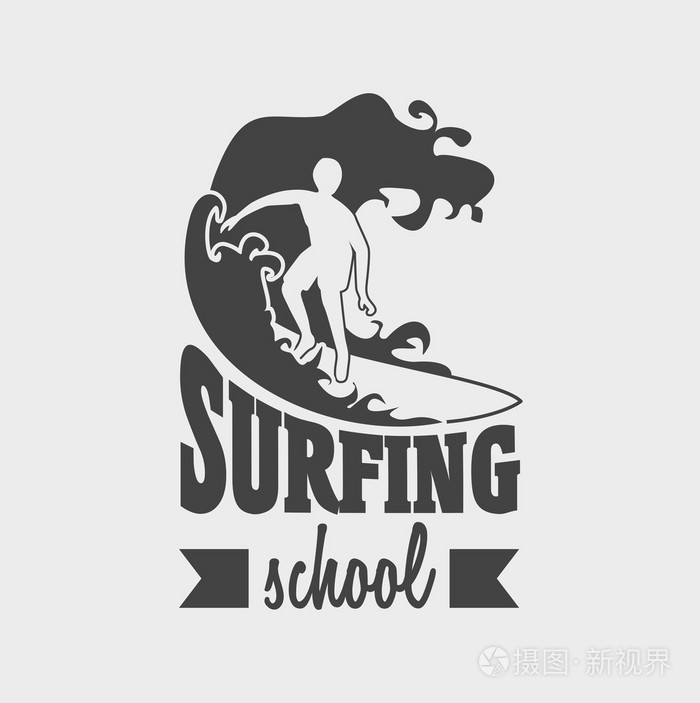 在冲浪板上冲浪学校标志或标签设计模板与人.可以用于