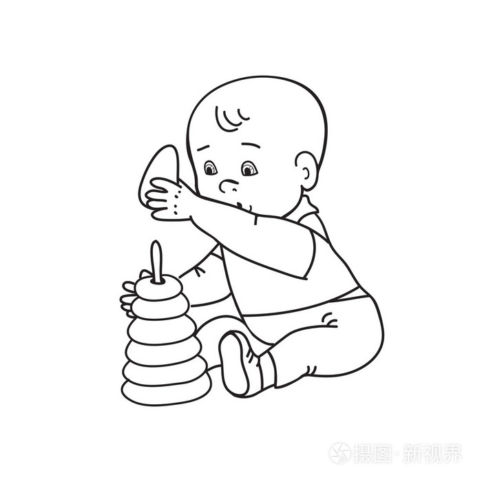 小可爱的宝贝男孩玩玩具.孩子玩金字塔.绘制等高线矢量图.