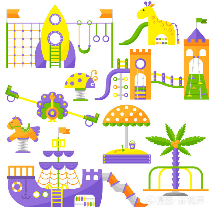 儿童游乐场趣味童年戏剧公园活动平面矢量插图