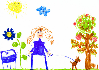 女孩和狗走在草地上，孩子绘图