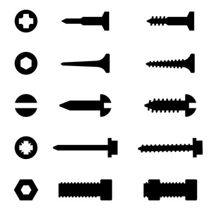 矢量黑螺丝，螺母和钉子图标集