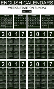 至 2017 年的英语日历。四种风格