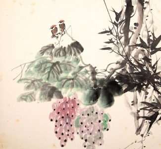 中国水墨绘画鸟和植物