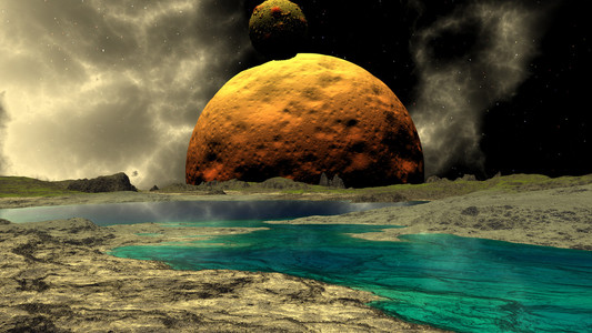 幻想外星人的星球。岩石和湖。3d 图