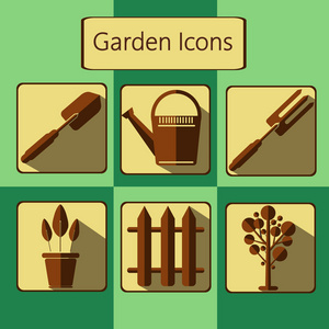 棕色园艺图标设置在绿色背景数字视频