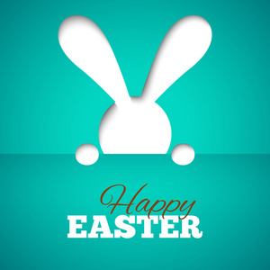 快乐复活节贺卡与隐藏兔子和蓝色纸张背景上的字体