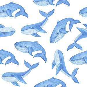 与卡通风格蓝鲸水彩无缝模式