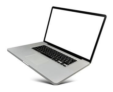 徘徊在铝笔记本电脑空白的屏幕，与流行的设计