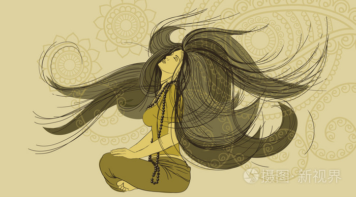手绘的年轻女子在冥想的姿势