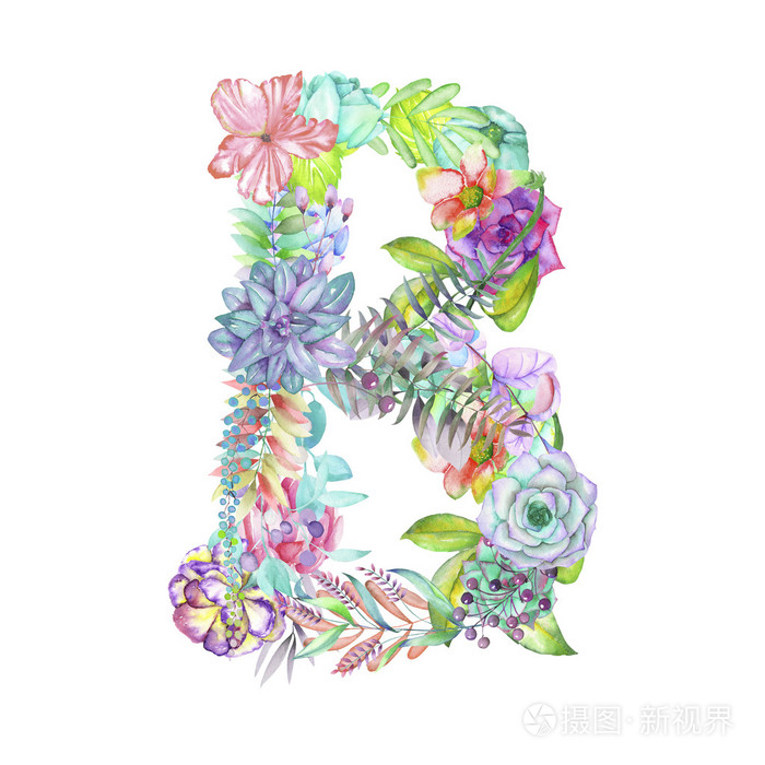 大写字母 b 的水彩花卉,孤立手绘在白色的背景下,婚礼设计