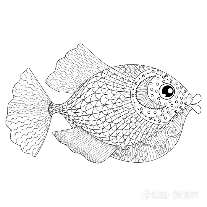 手工绘制的长角鱼成人防应力着色页