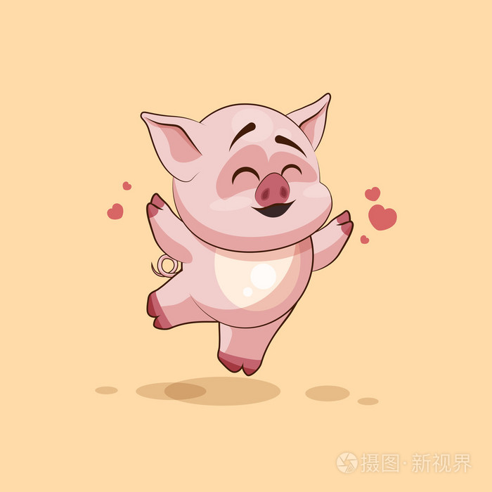 孤立的表情符号卡通猪跳跃快乐