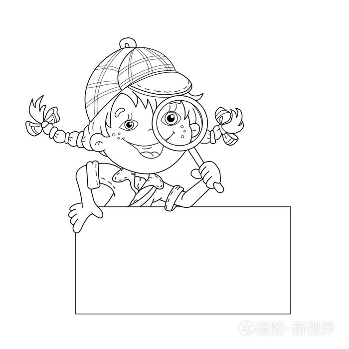 卡通女侦探与百叶窗的着色页轮廓插画-正版商用图片1ntinn-摄图新视界