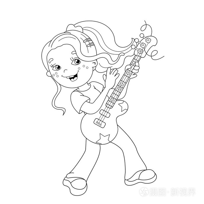 卡通女孩弹吉他的着色页轮廓