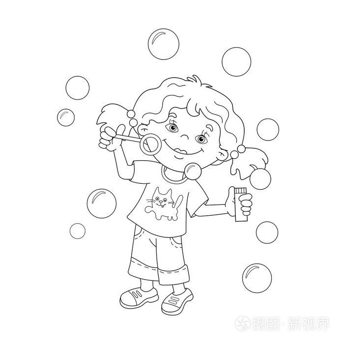 卡通女孩吹肥皂泡的着色页轮廓