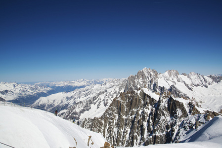 大状的山峰和滑行，极端滑雪，钻头 du Midi，法国阿尔卑斯山