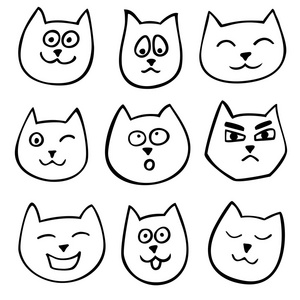 9 不同套涂鸦情绪猫。素描样式
