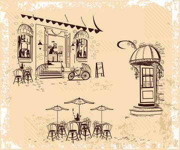 背景装饰着旧镇意见和街头咖啡馆