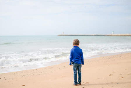 可爱的男孩在沙滩上海洋背景的背影肖像