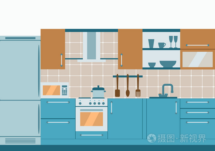 厨房室内平面设计与家具 调味用具.前视图.矢量图