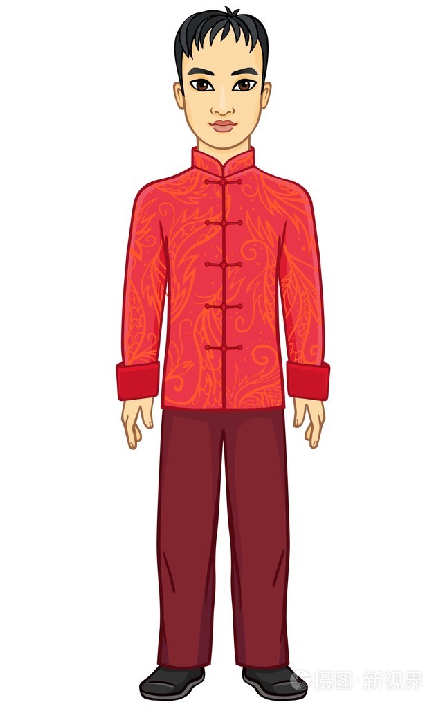 中国人的传统服装动画的画像.充分的成长.在白色背景上孤立