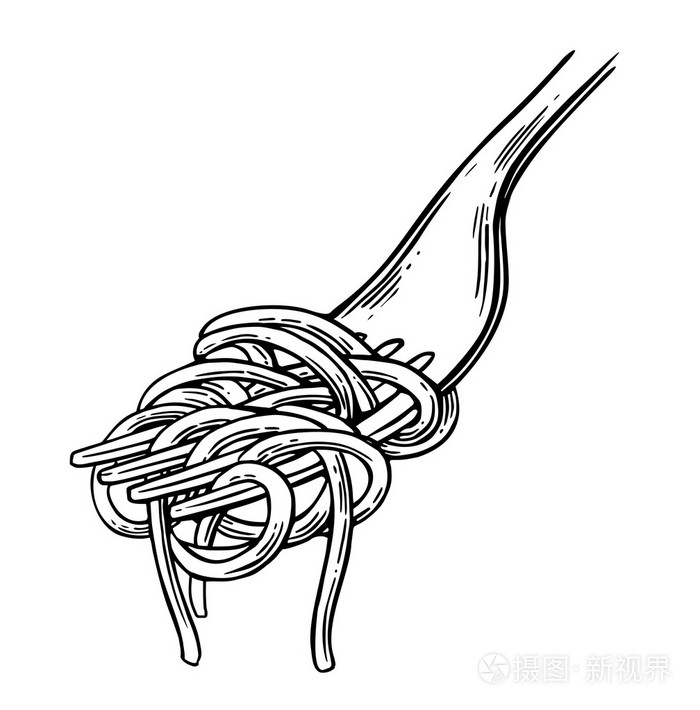意大利细面条上叉.孤立在白色背景上的矢量老式黑色插画