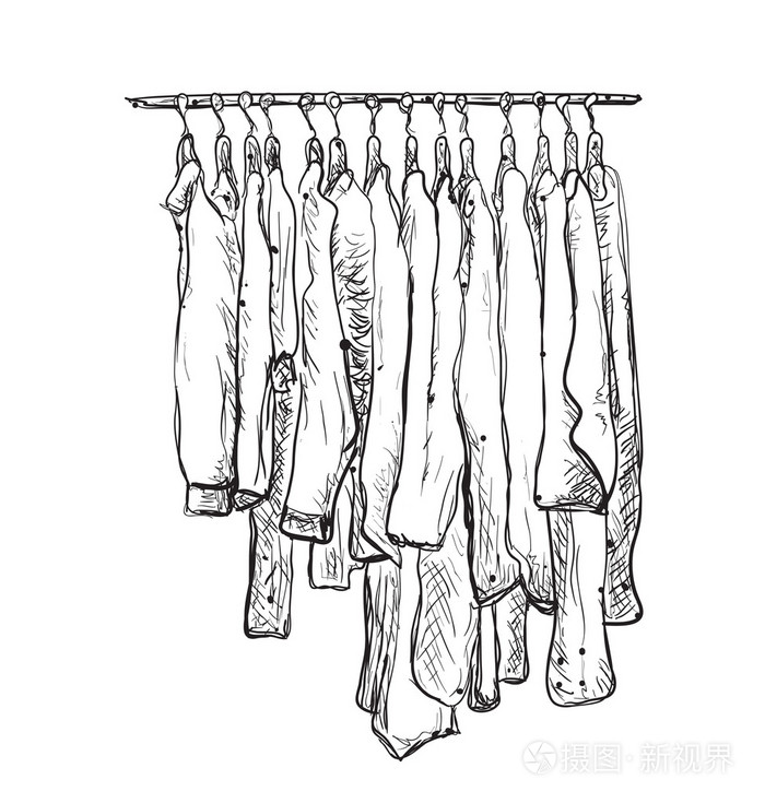 衣柜的素描.在衣架上的衣服