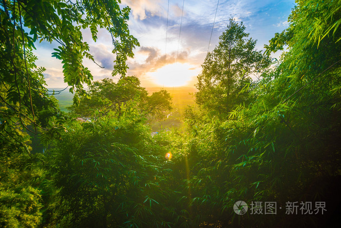 美丽的夏天日出山与太阳光线光线