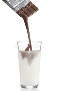 巧克力被倒入牛奶玻璃中