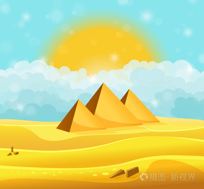 卡通埃及金字塔在沙漠中与清除青色多云的天空.矢量图