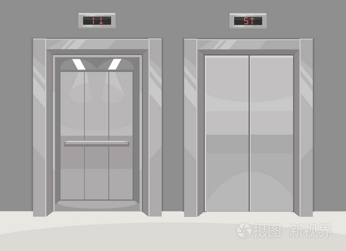 开放和封闭的金属办公大楼电梯.矢量平面卡通插画