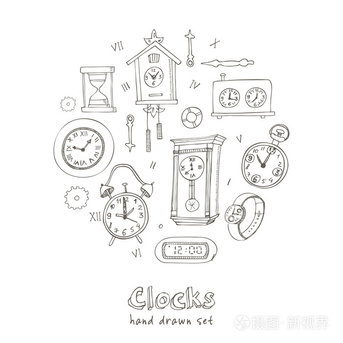 一套涂鸦素描时钟和手表插画-正版商用图片1oi47d-摄