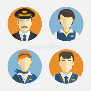 化身人物。 平面设计。 矢量图标描绘不同职业的飞行员和穿着制服的漂亮空姐
